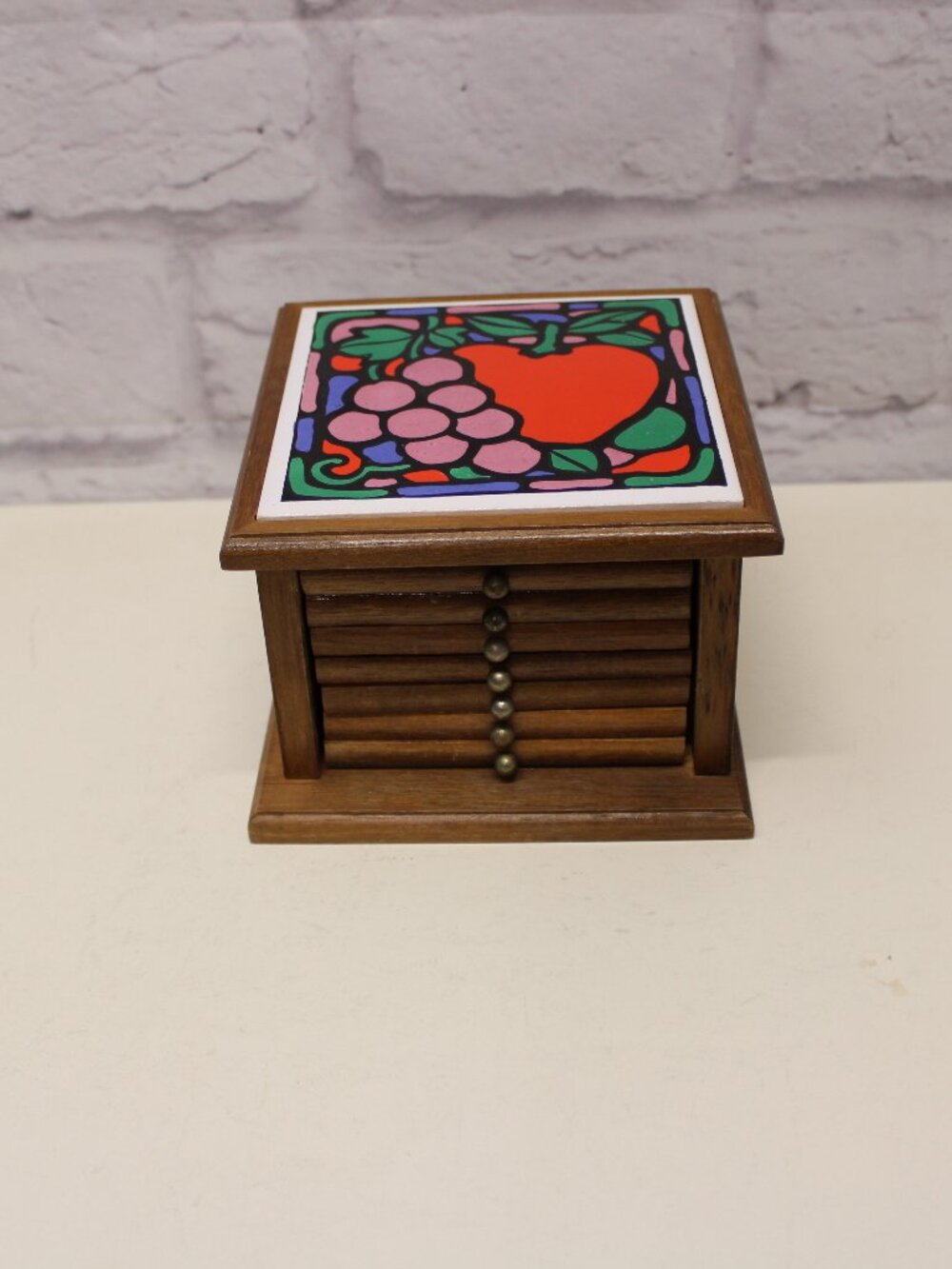 Vintage 1970s Fruit Themed Wooden Dresser Style Storage Coaster Set Box